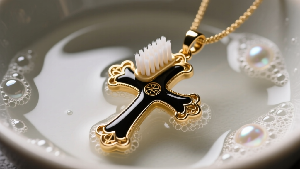 Soft toothbrush gently cleaning a black gold cross pendant in a bowl of soapy water, illuminated by bright studio lighting.