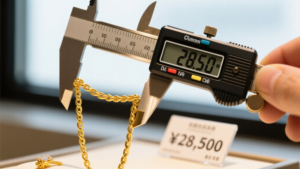 Close-up of digital calipers measuring a delicate 18k yellow gold cable chain, with a blurred jewelry pricing tag in the background.