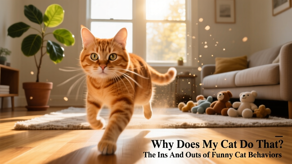 A cat mid-zoom, blur of motion as it dashes across a sunlit living room floor