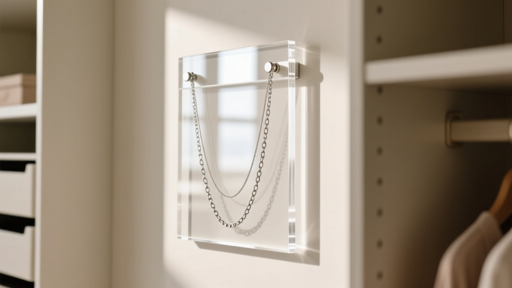 A minimalist acrylic wall hanging necklace holder with anti-tarnish strips tucked behind delicate silver chains in a modern closet