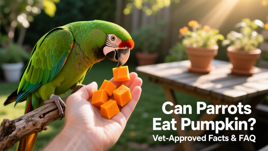 Close-up of a hand offering small cubes of bright orange pumpkin to a green-winged macaw
