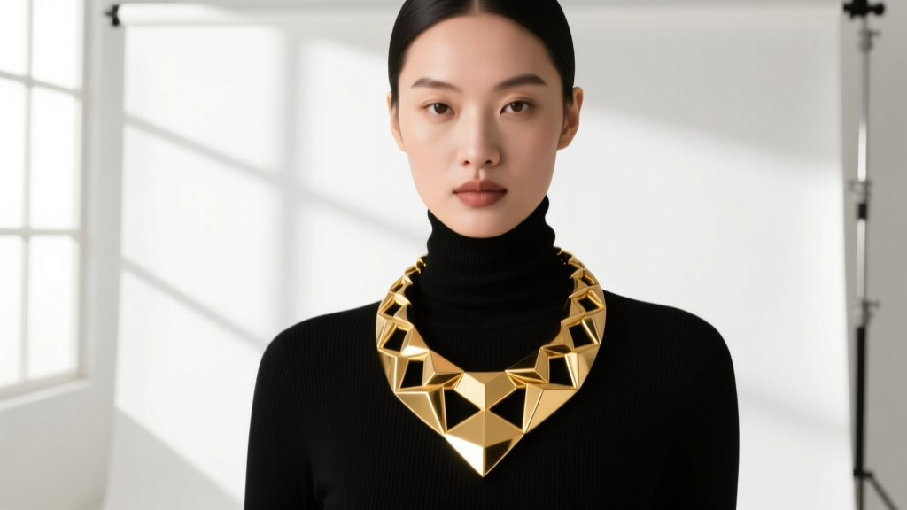 Editorial shot of a model wearing a massive chunky gold-plated oversized necklace over a black turtleneck in soft studio lighting