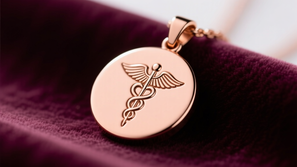Close-up of a rose gold medical alert pendant for women on velvet, showing a subtle caduceus symbol and crisp laser engraving.