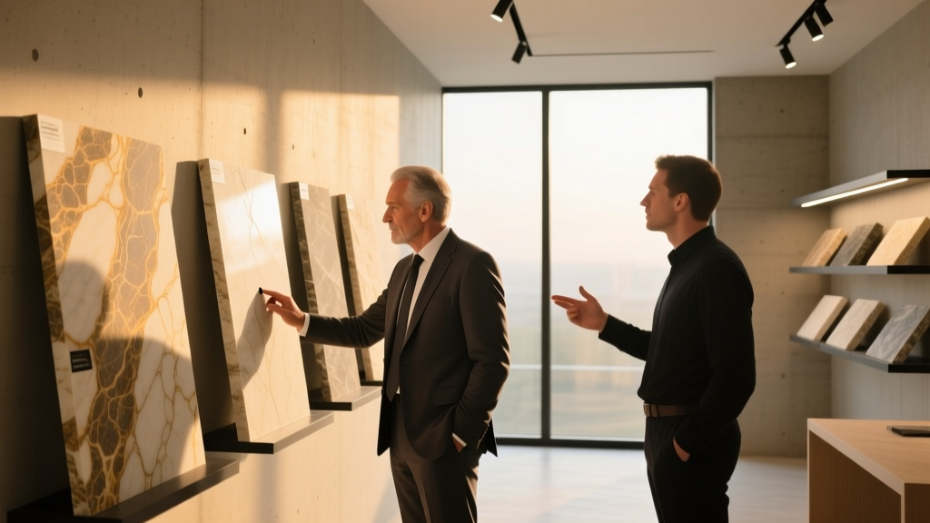 Architect reviewing large-format natural limestone veneer samples with a supplier in a modern design studio with warm lighting