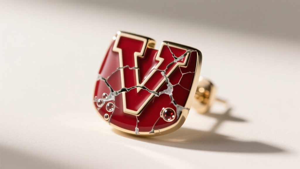 Macro photography comparing cracked cold epoxy resin next to flawless hot vitreous enamel on a crimson collegiate logo earring.