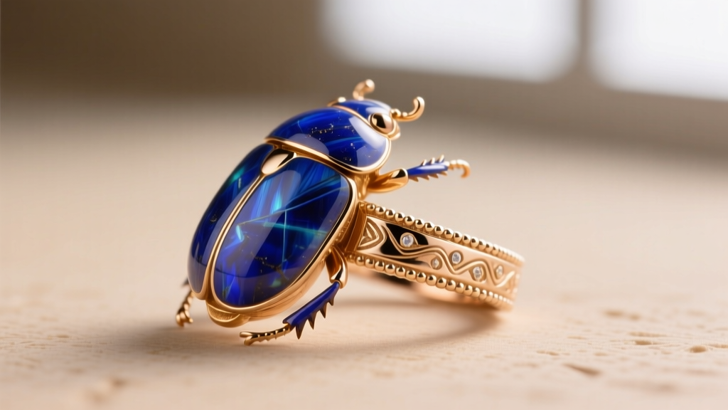 Macro shot of an 18k rose gold scarab beetle ring featuring carved lapis lazuli wings and intricate milgrain detailing on the band