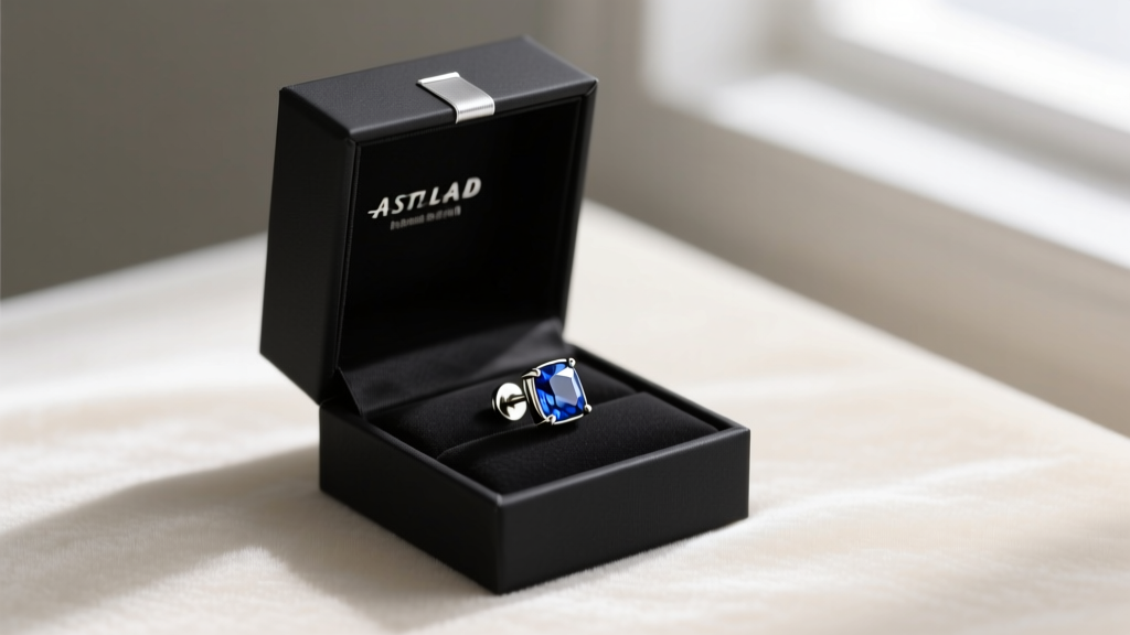 Elegant gift box revealing a polished ASTM F136 titanium threadless earring with a bezel-set sapphire, under soft studio light.