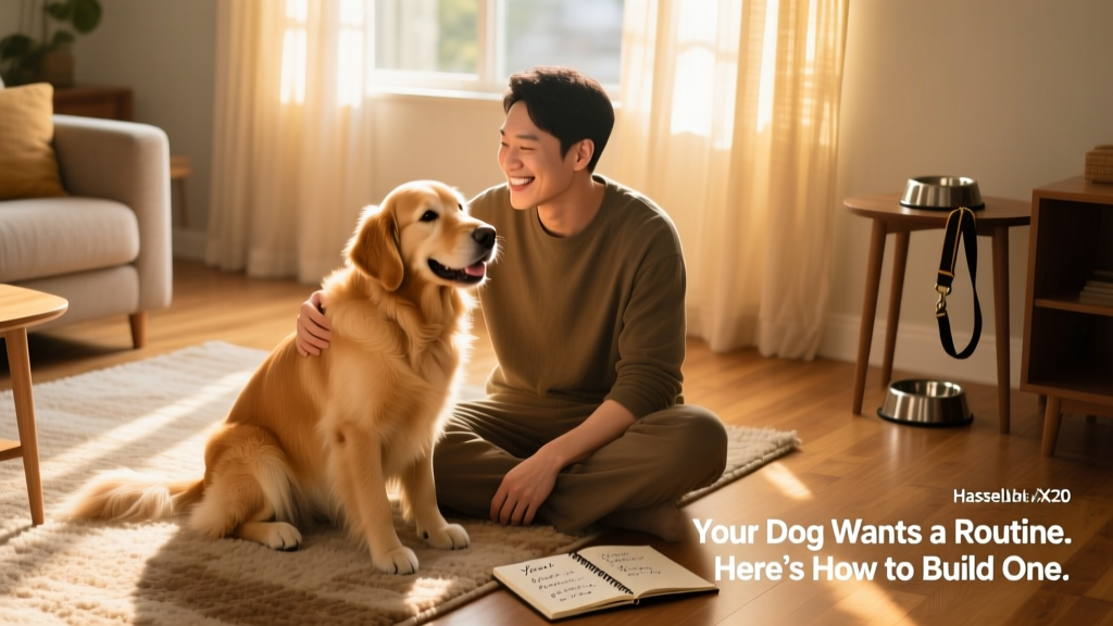 A calm, happy dog sitting beside their human on a sunlit living room floor, both relaxed and connected