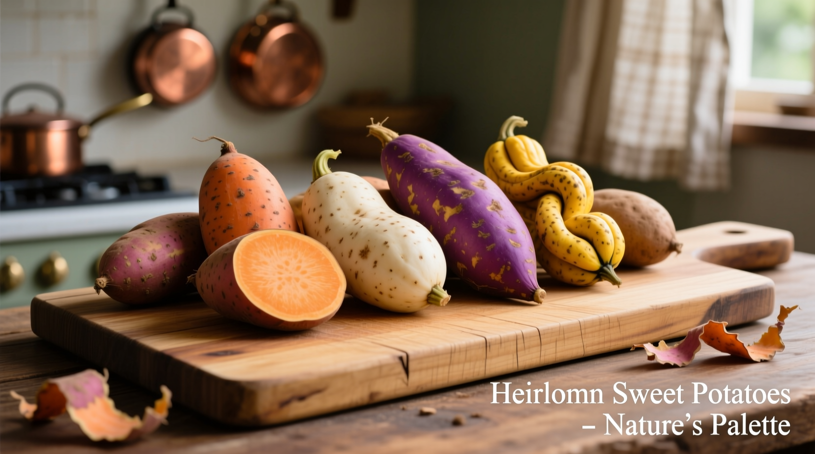 Sweet potato varieties on wooden cutting board