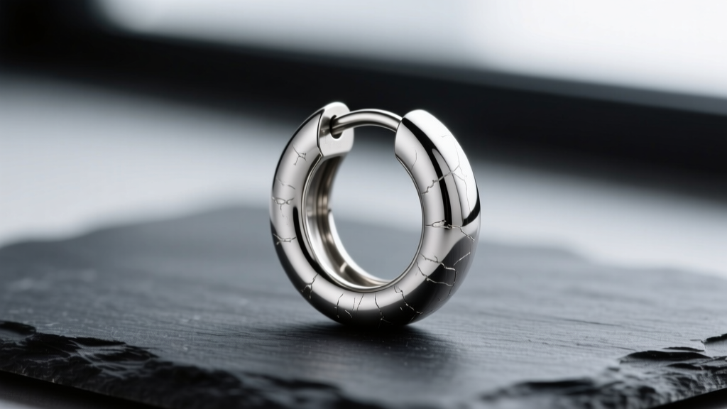 Macro photography of an 18-gauge ASTM F136 titanium huggie earring with a brushed matte finish, resting on a dark slate surface.