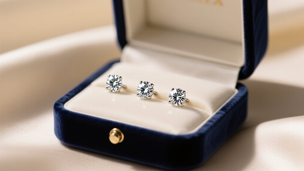 Open navy velvet box revealing 5mm round diamond stud earrings on cream silk, illuminated by soft warm studio lighting.