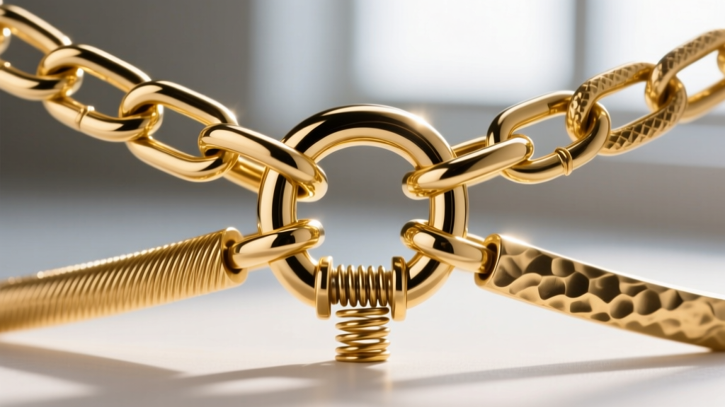 Macro photography of a multi-loop barrel clasp connecting three distinct gold chains, showing the intricate soldering and spring mechanism