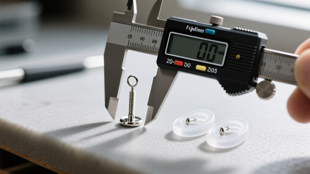 Workbench close-up showing a 20-gauge earring post measured with digital calipers next to clear silicone earring locking backs.