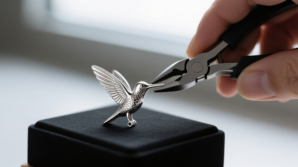 Hands using nylon-jaw pliers to gently realign a bent silver hummingbird earring wing on a dark rubber jewelry bench block