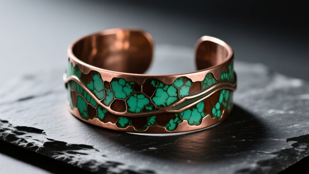 Macro shot of oxidized raw copper boho cuff on dark slate, highlighting vivid green and brown natural patina textures.