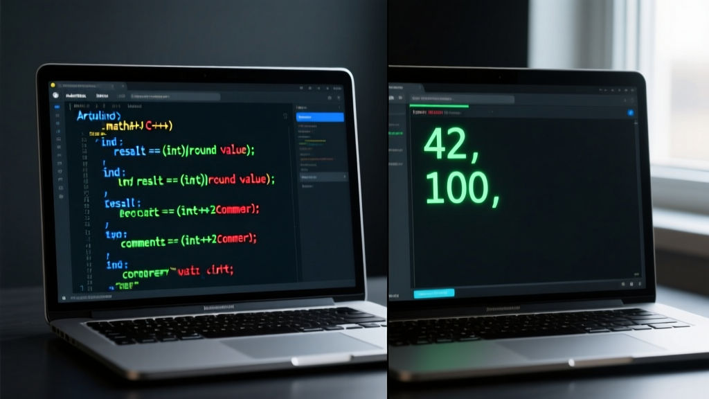 Split-screen Arduino IDE view showing C++ math.h casting syntax and serial output of rounded integer values on a dark theme