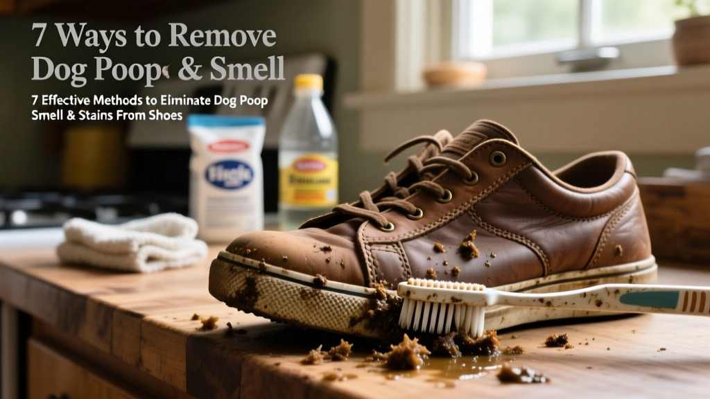 Close-up of an old toothbrush scrubbing dog poop residue off a sneaker sole