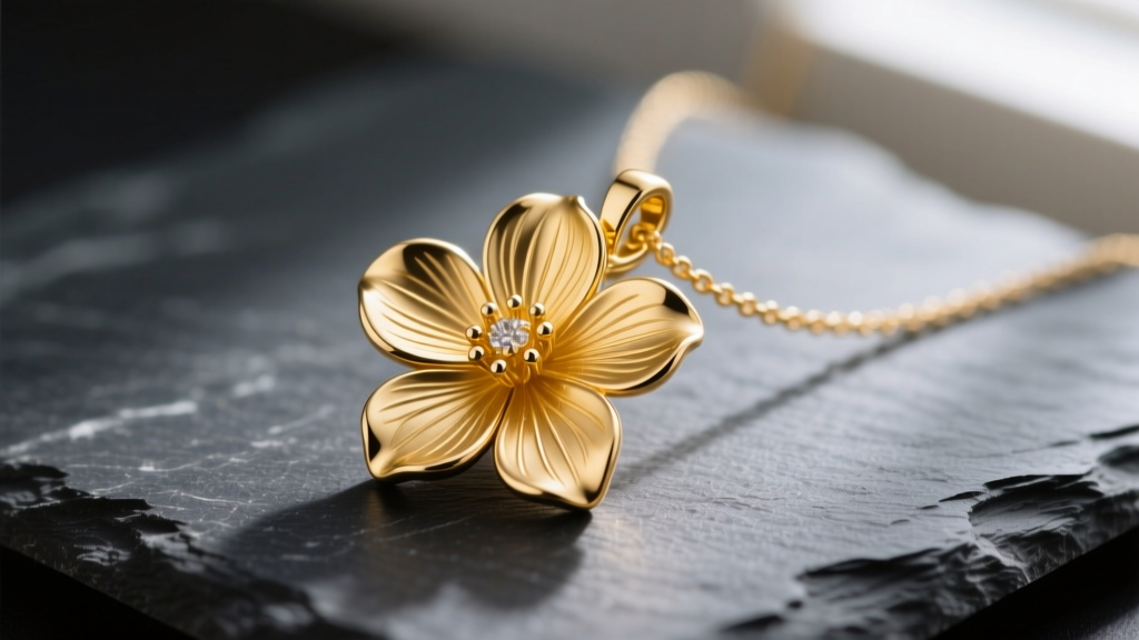 Macro shot of an 18k yellow gold flower pendant necklace on dark slate, showing intricate petal veining and brushed metal finish.