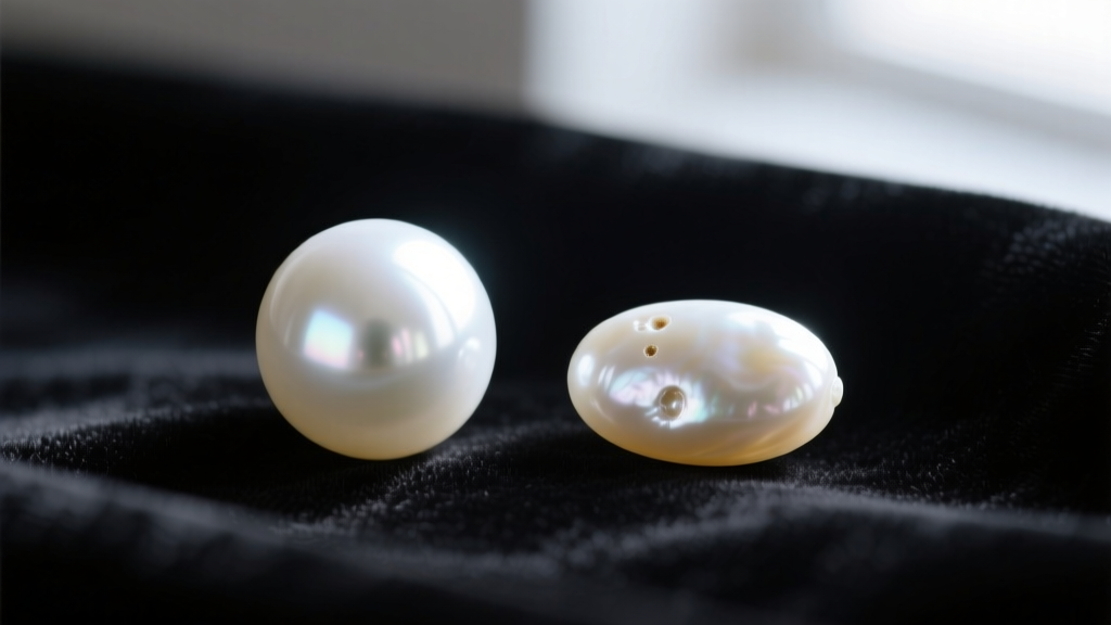 Macro shot comparing a high-luster AAA round white pearl next to a lower-grade blemished oval pearl resting on dark velvet fabric.