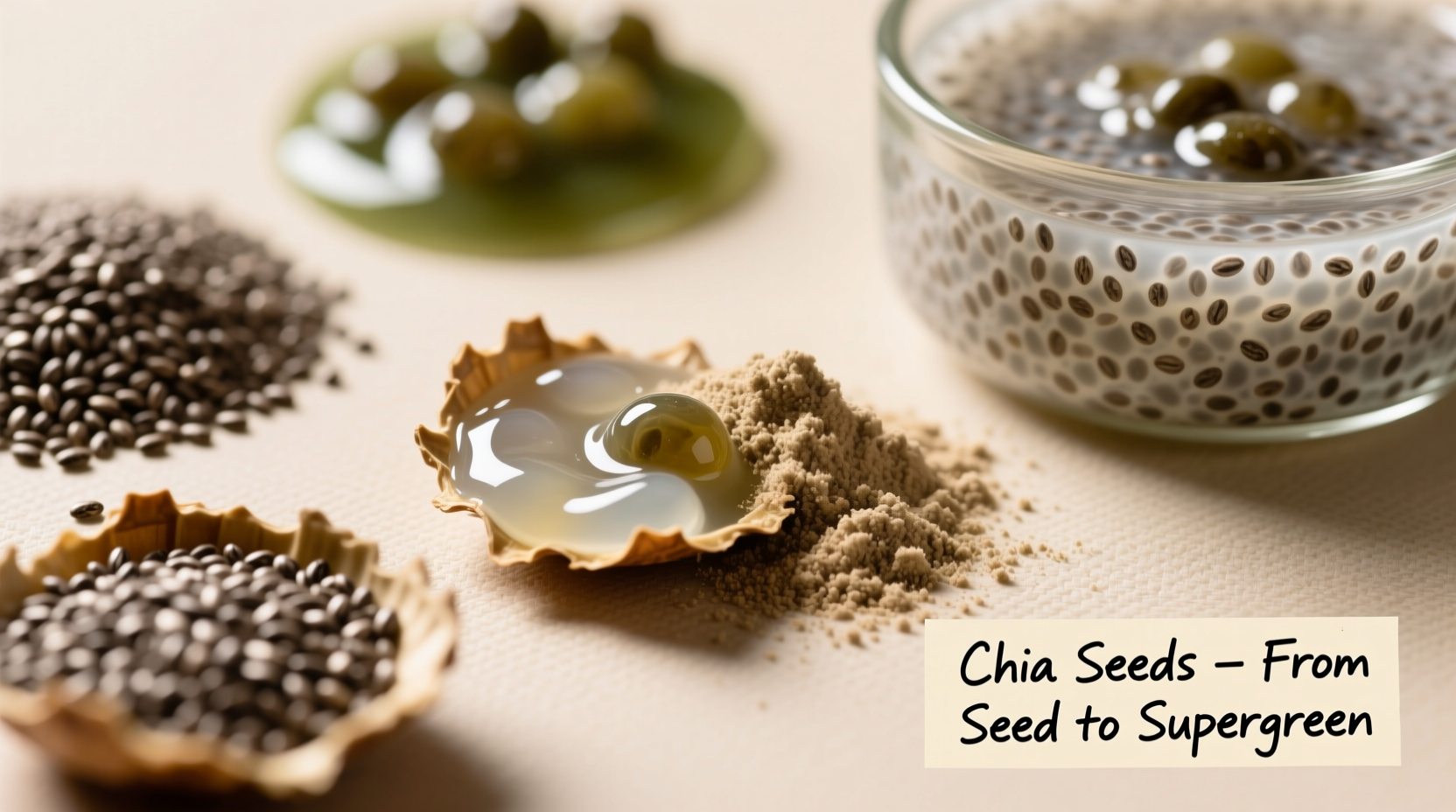 Close-up of chia seeds in various preparation states