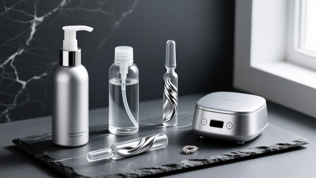 Silver cleaning foams, liquid dips, and an ultrasonic machine styled on dark slate for a holiday jewelry care gift guide layout.
