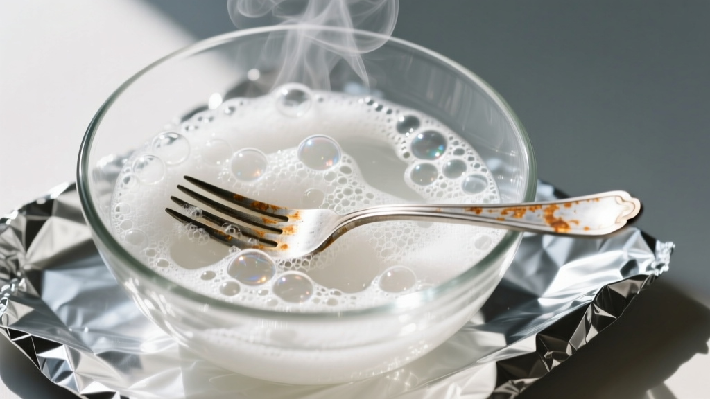 Top view of glass bowl lined with aluminum foil, holding hot water, baking soda, and a tarnished silver fork bubbling actively