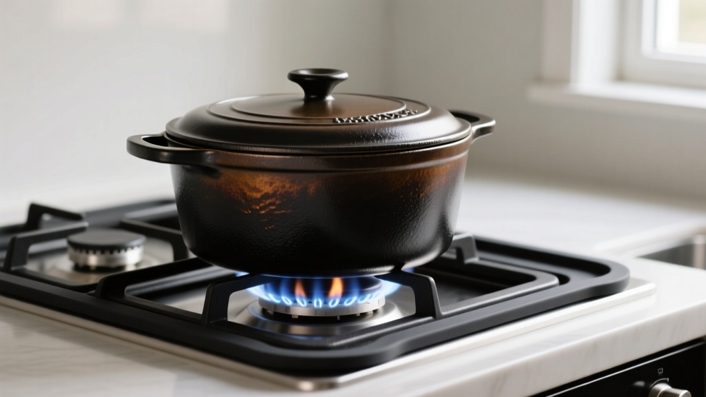 Black silicone stove-top cover resting over gas burners doubling as a heat-resistant trivet for a hot Dutch oven