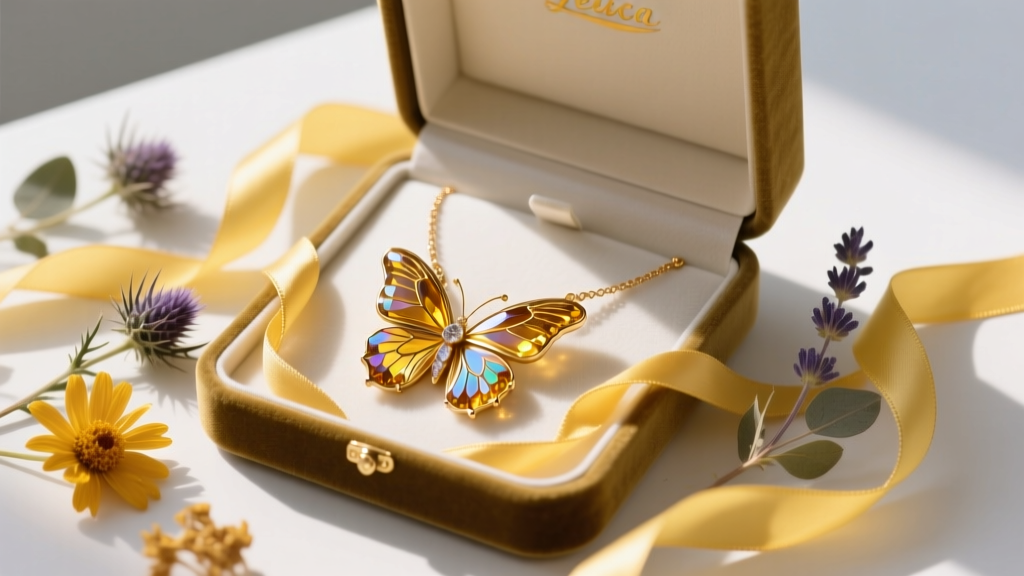 Open velvet box displaying a citrine butterfly necklace, surrounded by yellow silk ribbons and dried flowers.