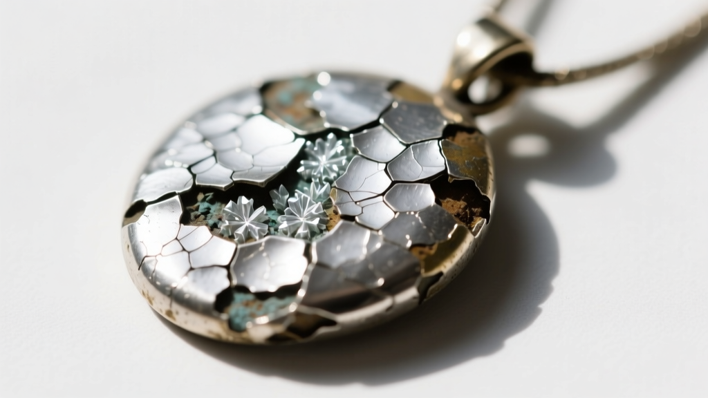 Macro photography of pitted zamak pot metal showing intergranular corrosion and flaking silver electroplating on a 90s pendant.