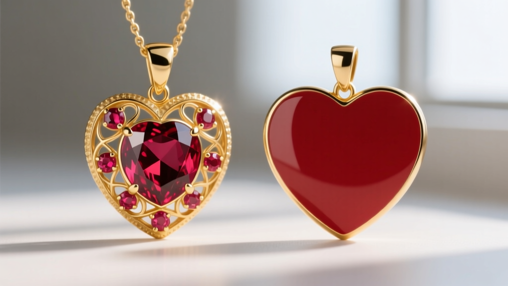 Macro photography comparing a ruby-inlaid gold heart pendant on the left and a cold red enamel gold heart pendant on the right