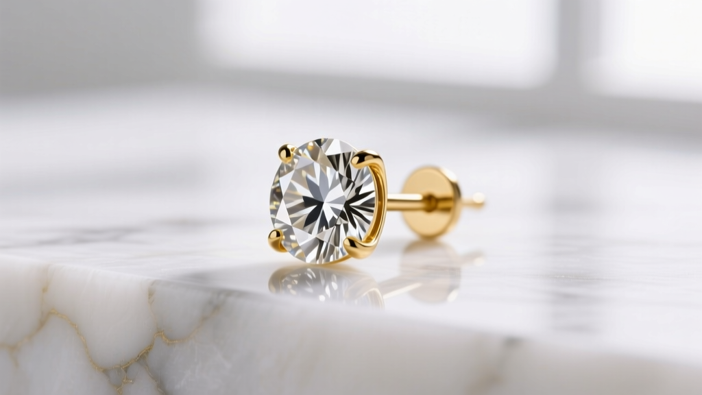 Macro shot of a pristine 18k gold diamond stud earring on clean white marble, soft studio lighting, elegant jewelry styling.