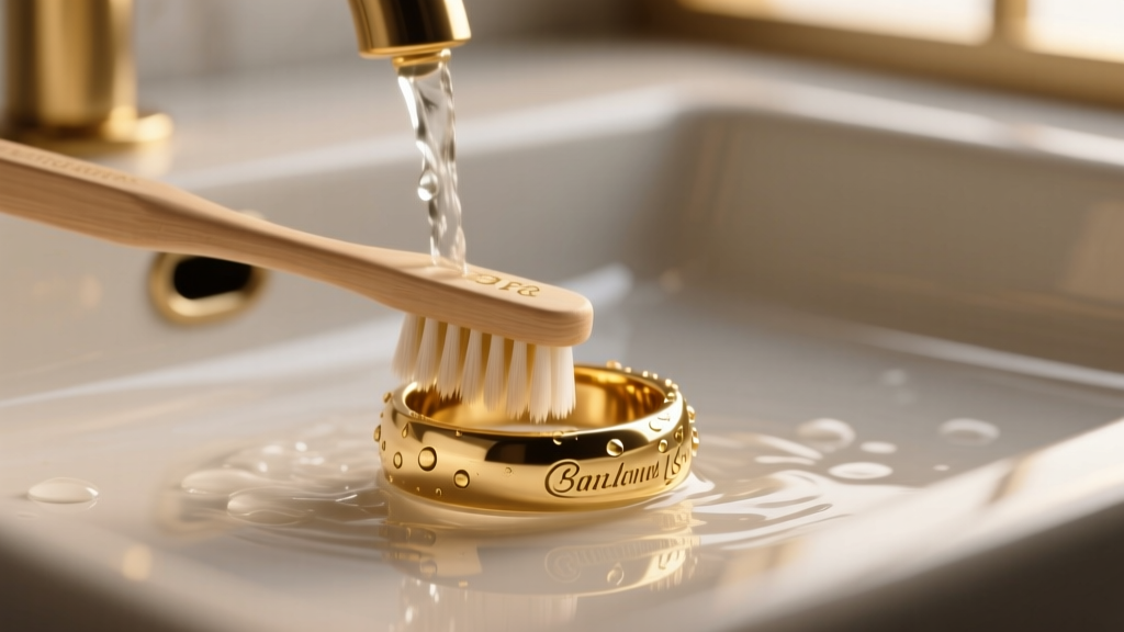 Macro close-up of a matte 18k gold signet ring gently brushed with a soft toothbrush under warm running water in a modern sink.