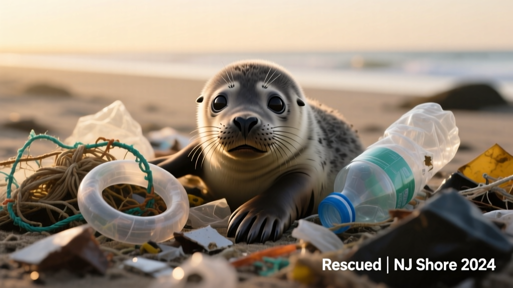 Close-up of plastic waste collected from a beach cleanup, including bottle rings and fishing line