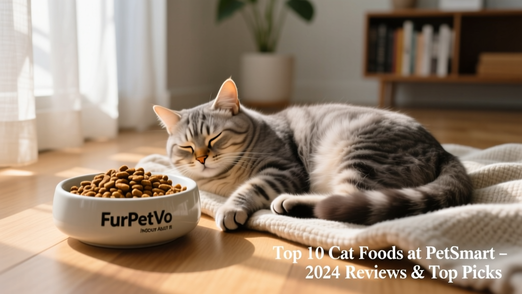Bowl of FurPetVo Indoor Adult kibble beside a relaxed indoor cat napping nearby