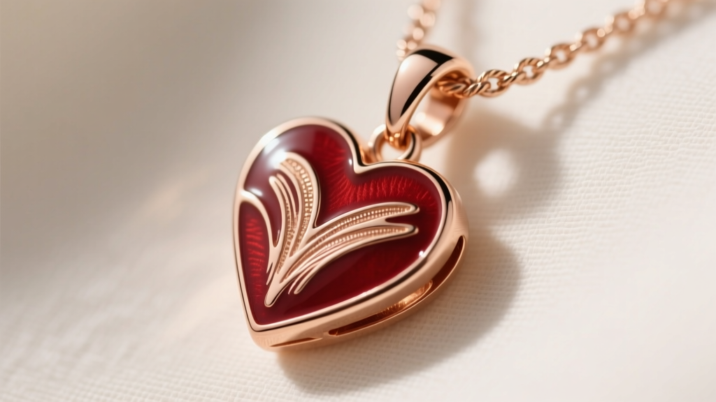 Macro shot of rose gold vermeil heart pendant with red enamel, showing texture and a secure lobster clasp on a delicate cable chain.