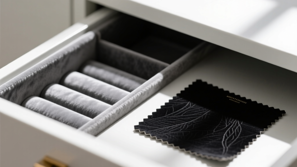 Macro shot of grey polyester velvet lining inside a jewelry drawer next to a black anti-tarnish suede material sample.
