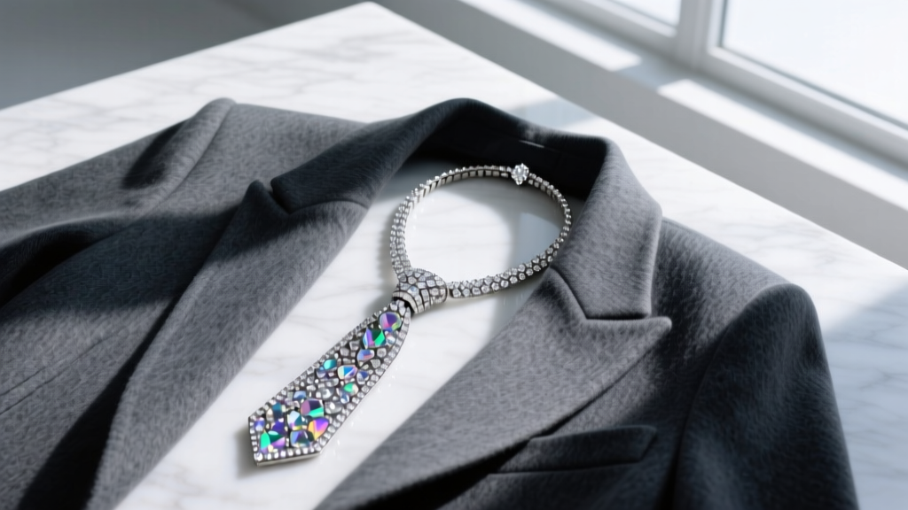 Flat lay styling shot of a sparkling rhinestone tie necklace draped over an oversized charcoal grey menswear blazer on marble