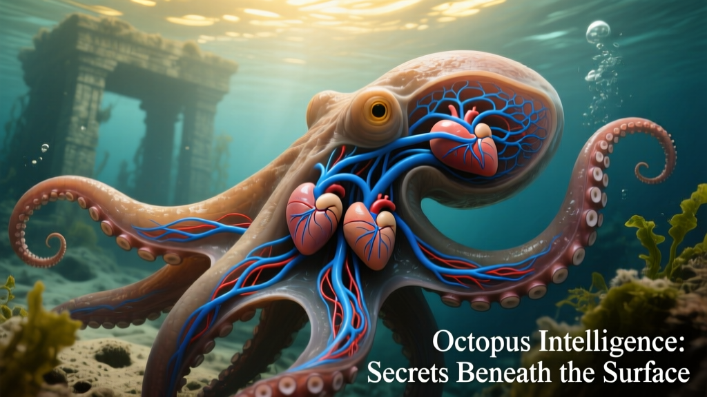 Close-up illustration showing an octopus's three hearts and blue-tinted blood vessels