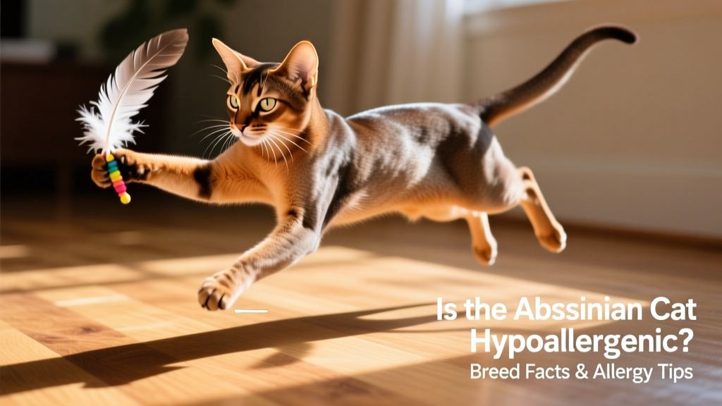 Abyssinian cat playing with a toy on a hardwood floor, highlighting its sleek coat and active demeanor
