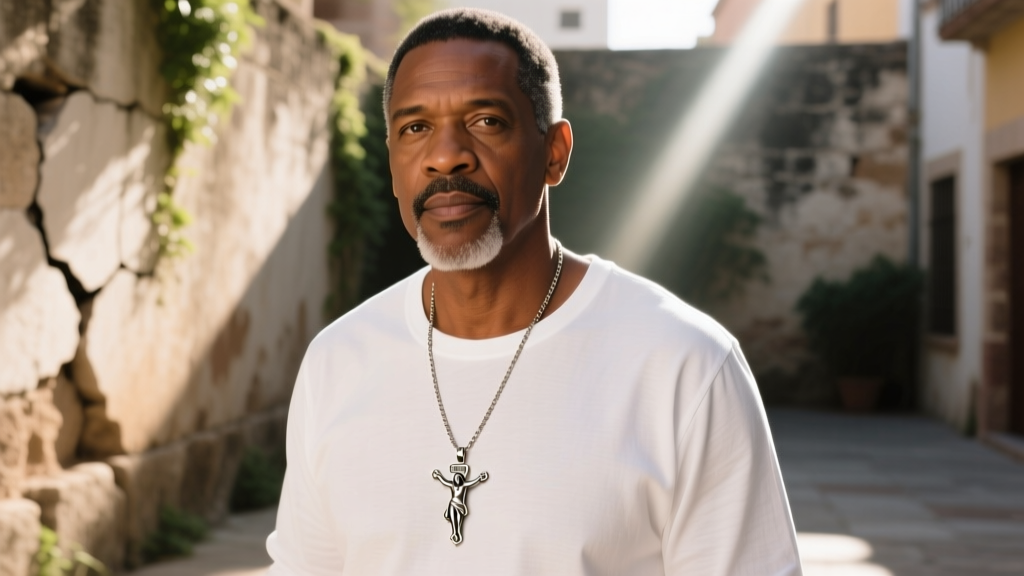 Man wearing a 4mm steel Jesus Malverde necklace over a white shirt, lit by warm directional sunlight in a casual outdoor setting