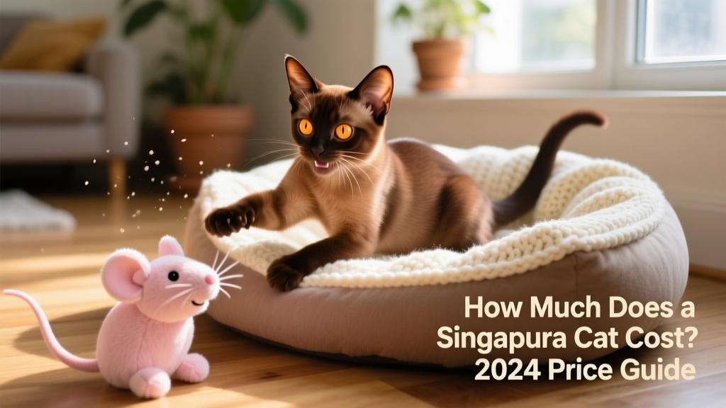 A happy Singapura kitten playing with a soft plush toy beside a cozy cat bed