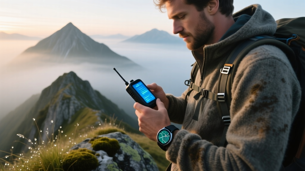 Rugged hiker on a misty alpine ridge at dawn, checking a glowing satellite communicator and smartwatch displaying topographic maps.