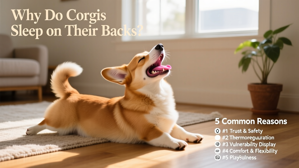 A Corgi stretching and yawning while transitioning from back-sleeping to standing