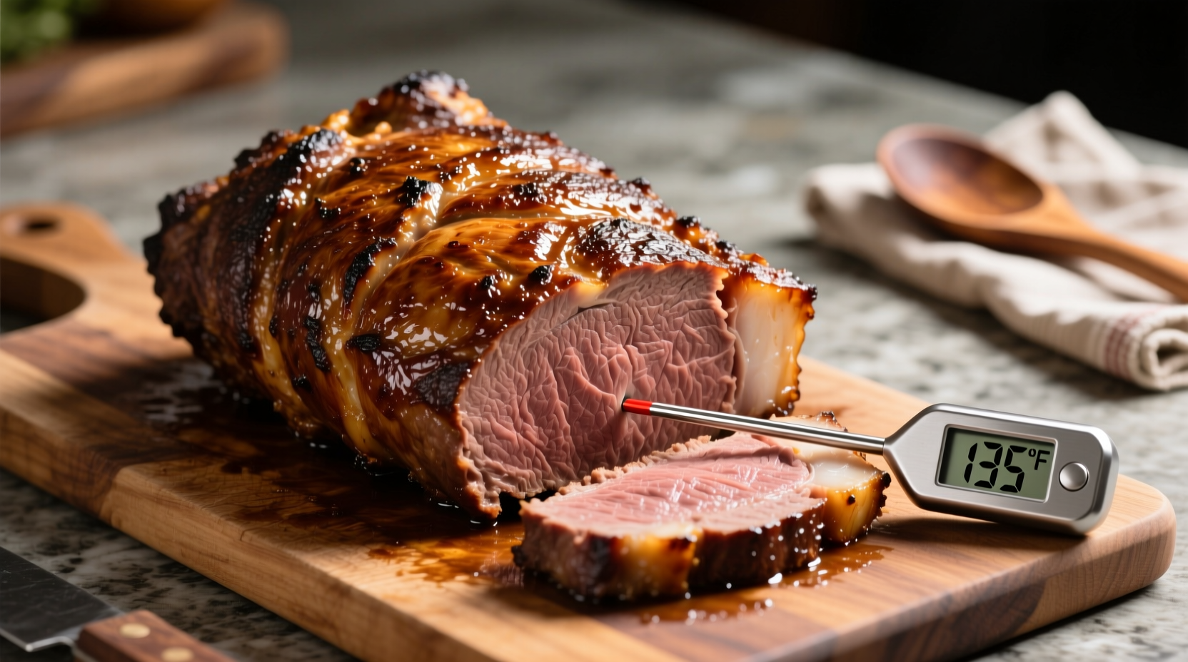 Perfectly roasted beef with golden crust and thermometer reading