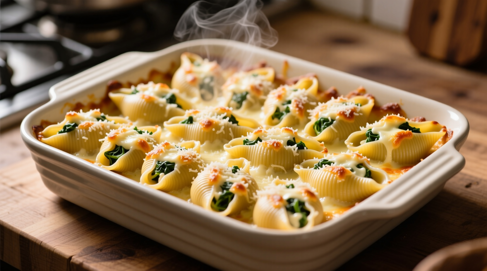 Perfectly filled jumbo pasta shells in baking dish