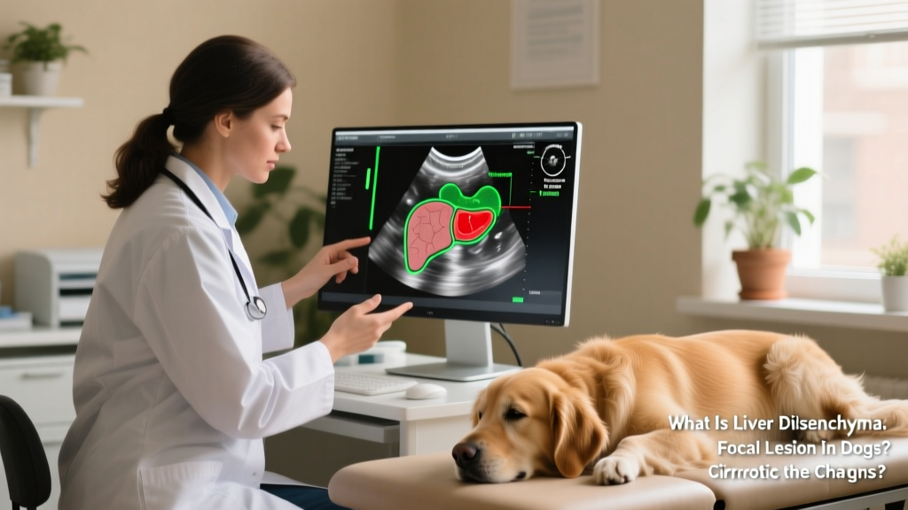 Veterinarian reviewing ultrasound images of a dog's liver on a clinic monitor, with clear annotations highlighting healthy vs. abnormal tissue