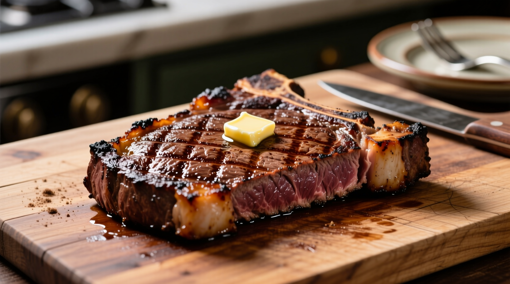 Perfectly cooked well done ribeye steak on cutting board