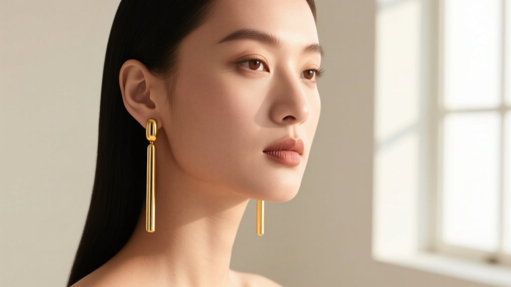 Model with round face wearing long narrow 14k gold drop earrings that visually elongate her jawline against a soft studio backdrop