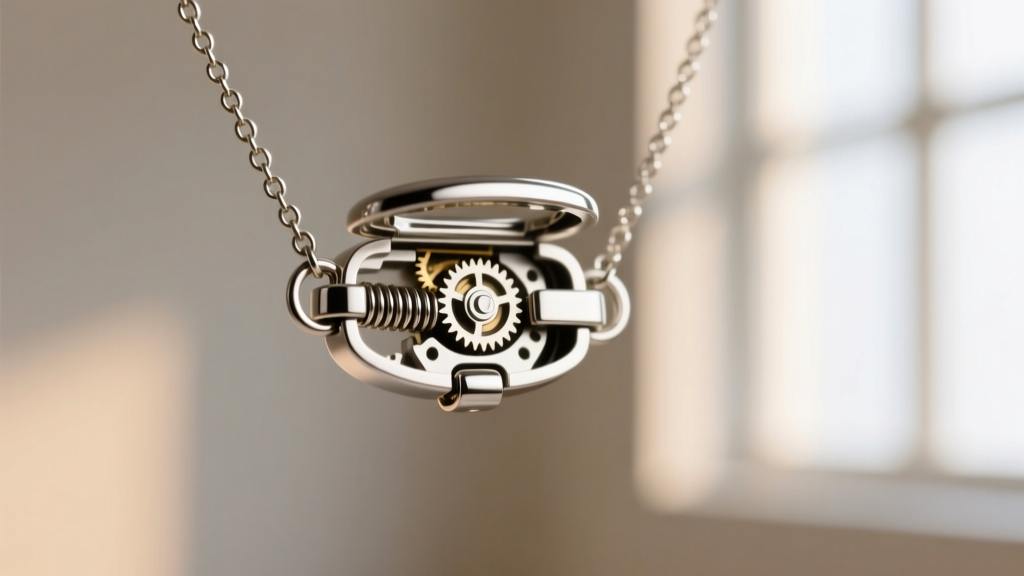 Macro shot of a necklace breakaway safety clasp popping open under tension, revealing the internal mechanical release parts