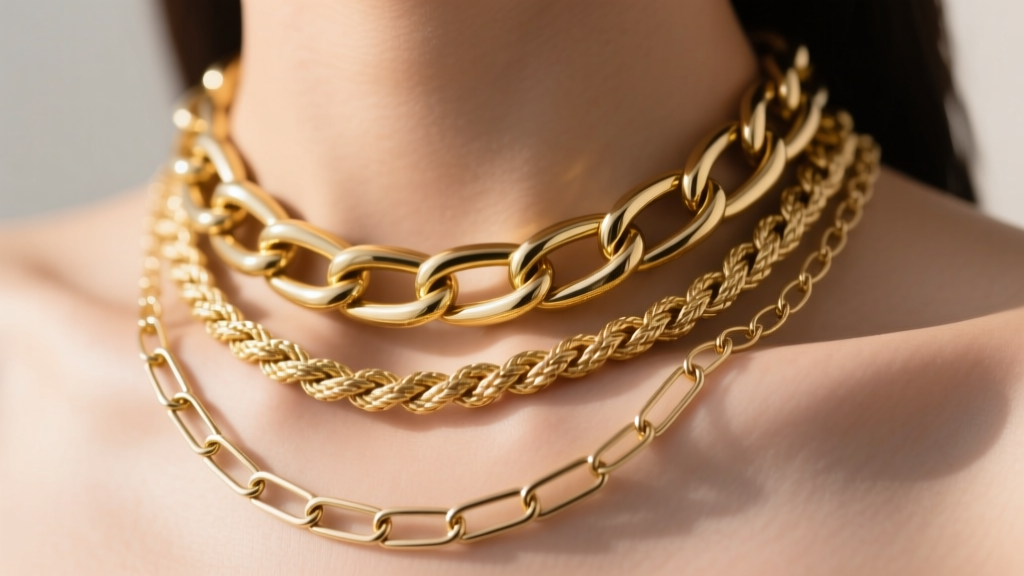 Close-up of a model wearing a three-layer chunky gold necklace stack with a 6mm paperclip, 8mm rope, and 10mm Cuban link chain